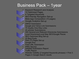 Business Pack – 1year
  •   Keyword Research and Analysis
  •   10 Optimized Pages
  •   4 Targeted Keywords
  •   SEO-friendly Navigation Set-up
  •   Meta tags Composition (10 pages)
  •   Google Analytics Set-up
  •   DMOZ Submission
  •   Google and Yahoo Link Submissions
  •   75 Quality One-Way Links
  •   20 articles/ Submissions
  •   300 General and Relevant Directories Submissions
  •   Local Directories/Local Map SEO/Google Places
  •   SEO Optimized Blog Set-up
  •   20 Blog Posts
  •   Web 2.0 Pages Set-up
  •   Google Plus
  •   Feed URL Submission
  •   PING Service
  •   Detailed Submission Report
  •   Traffic Report
  •   Website Visibility (2 targeted Keywords phrases) > First 3
      Pages in Google Search results
 