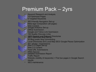 Premium Pack – 2yrs
•   Keyword Research and Analysis
•   10+Optimized Pages
•   6 Targeted Keywords
•   SEO-friendly Navigation Set-up
•   Meta tags Composition (all pages)
•   Web Content
•   Google Analytics Set-up
•   DMOZ Submission
•   Google and Yahoo Link Submission
•   150 Quality One-way Links
•   1000 Optimized Blog Set-up Directories
•   SEO General and Relevant
•   50 Blog posts/ blog commenting
•   Local Directories and Local Map SEO/ Google Places Optimization
•   40+ articles / Submissions
•   Web 2.0 Pages Set-up
•   Web 2.0 Content
•   Feed URL Submissions
•   PING Service
•   Detailed Submission Report
•   Traffic Report
•   Website visibility (4 keywords) > First two pages in Google Search
    results
•   SEO maintenance
 