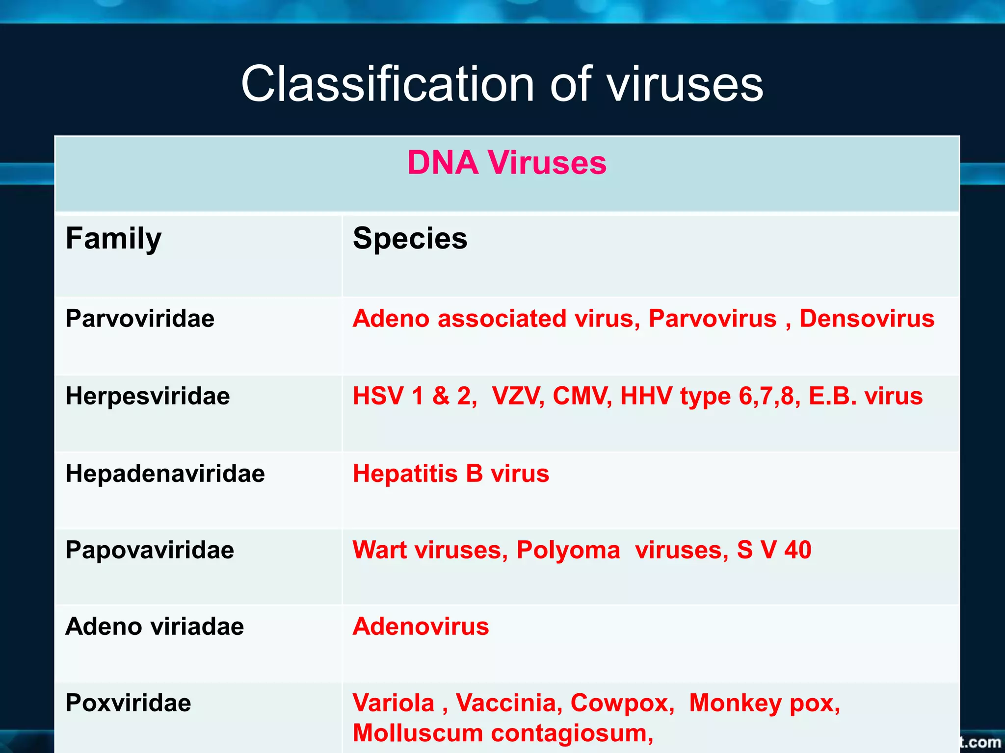 Classification of viruses
DNA Viruses
Family Species
Parvoviridae Adeno associated virus, Parvovirus , Densovirus
Herpesviridae HSV 1 & 2, VZV, CMV, HHV type 6,7,8, E.B. virus
Hepadenaviridae Hepatitis B virus
Papovaviridae Wart viruses, Polyoma viruses, S V 40
Adeno viriadae Adenovirus
Poxviridae Variola , Vaccinia, Cowpox, Monkey pox,
Molluscum contagiosum,
 