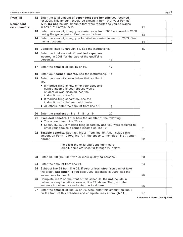Form 1040A, Schedule 2-Child and Dependent Care Expenses for Form 104…
