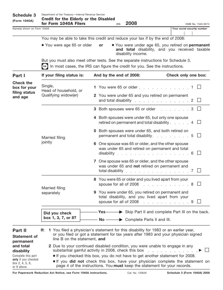 Form 1040A, Schedule 3Credit for the Elderly or the Disabled for For…