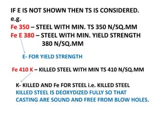 IF E IS NOT SHOWN THEN TS IS CONSIDERED.
e.g.
Fe 350 – STEEL WITH MIN. TS 350 N/SQ.MM
Fe E 380 – STEEL WITH MIN. YIELD STRENGTH
380 N/SQ.MM
E- FOR YIELD STRENGTH
Fe 410 K – KILLED STEEL WITH MIN TS 410 N/SQ.MM
K- KILLED AND Fe FOR STEEL i.e. KILLED STEEL
KILLED STEEL IS DEOXYDIZED FULLY SO THAT
CASTING ARE SOUND AND FREE FROM BLOW HOLES.
 