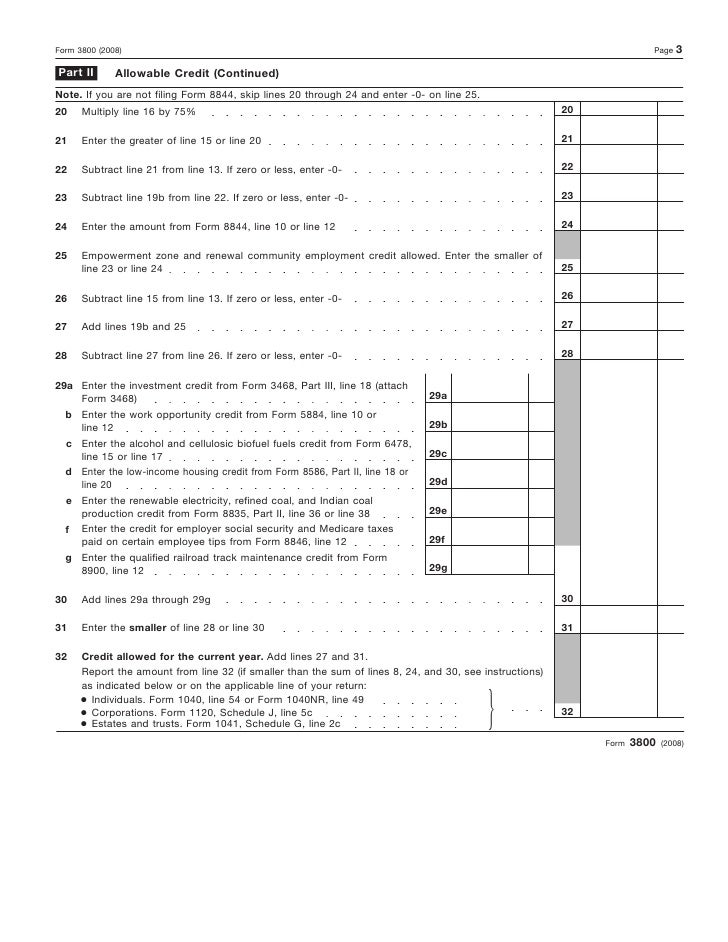 form 3800 general business credit form 8844