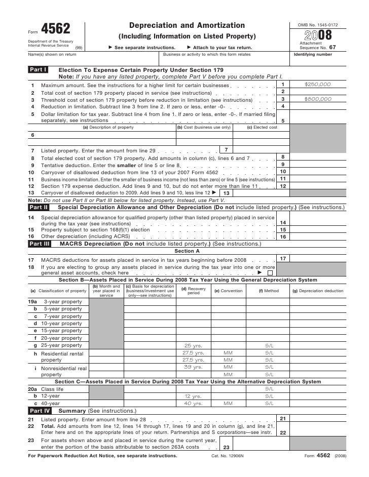 form 4562 depreciation and amortization form 4562