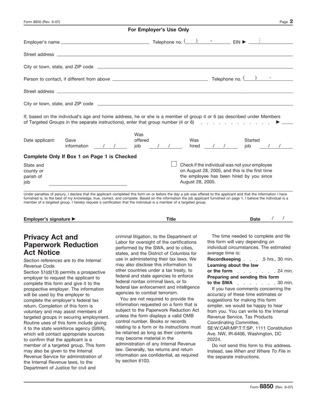 Form 8850-Pre-Screening Notice and Certification Request | PDF ...