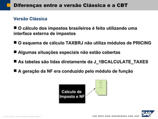 © SAP AG 2002, Title of Presentation, Speaker Name / 3
Diferenças entre a versão Clássica e a CBT
Versão Clássica
 O cálculo dos impostos brasileiros é feito utilizando uma
interface externa de impostos
 O esquema de cálculo TAXBRJ não utiliza módulos de PRICING
 Algumas situações especiais não estão cobertas
 As tabelas são lidas diretamente da J_1BCALCULATE_TAXES
 A geração da NF era conduzido pelo módulo de função
Calculo de
Imposto e NF
 