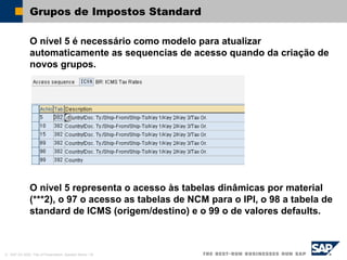 © SAP AG 2002, Title of Presentation, Speaker Name / 34
Grupos de Impostos Standard
O nível 5 é necessário como modelo para atualizar
automaticamente as sequencias de acesso quando da criação de
novos grupos.
O nível 5 representa o acesso às tabelas dinâmicas por material
(***2), o 97 o acesso as tabelas de NCM para o IPI, o 98 a tabela de
standard de ICMS (origem/destino) e o 99 o de valores defaults.
 