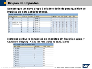 © SAP AG 2002, Title of Presentation, Speaker Name / 35
Grupos de Impostos
Sempre que um novo grupo é criado e definido para qual tipo de
imposto ele será aplicado (flags),
é preciso atribuí-lo às tabelas de impostos em Condition Setup ->
Condition Mapping -> Map tax rate tables to cond. tables
 