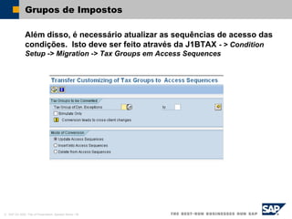 © SAP AG 2002, Title of Presentation, Speaker Name / 36
Grupos de Impostos
Além disso, é necessário atualizar as sequências de acesso das
condições. Isto deve ser feito através da J1BTAX - > Condition
Setup -> Migration -> Tax Groups em Access Sequences
 