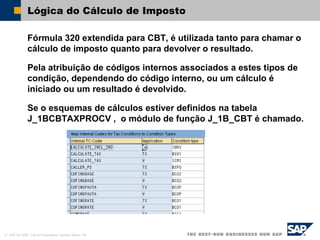 © SAP AG 2002, Title of Presentation, Speaker Name / 38
Lógica do Cálculo de Imposto
Fórmula 320 extendida para CBT, é utilizada tanto para chamar o
cálculo de imposto quanto para devolver o resultado.
Pela atribuição de códigos internos associados a estes tipos de
condição, dependendo do código interno, ou um cálculo é
iniciado ou um resultado é devolvido.
Se o esquemas de cálculos estiver definidos na tabela
J_1BCBTAXPROCV , o módulo de função J_1B_CBT é chamado.
 