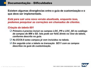 © SAP AG 2002, Title of Presentation, Speaker Name / 49
Documentação - Dificuldades
Existem algumas divergências entra o guia de customização e o
que deve ser implementado.
Está para sair uma nova versão atualizada, enquanto isso,
podemos pesquisar as correções em chamados de clientes.
Criação da tabela 601
 Primeiro é preciso incluir os campos LOC_PR e LOC_SE no catálogo
de campos de MM e SD. Isto pode ser feito direto na view da tabela,
conforme descrito no guia.
 Na ECC6.0 estes campos já vem incluídos na tabela.
 Em seguida criar a tabela na transação SE11 com os campos
descritos no guia de customização.
 
