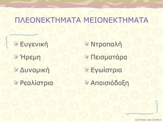 ΠΛΔΟΝΔΚΣΗΜΑΣΑ ΜΔΙΟΝΔΚΣΗΜΑΣΑ


 Δςγενική      Νηποπαλή

 Ήπεμη         Πειζμαηάπα

 Γςναμική      Δγωίζηπια

 Ρεαλίζηπια    Απαιζιόδοξη




                             ΢ΠΤΡΟΒΑ ΑΙΚΑΣΕΡΙΝΑ
 