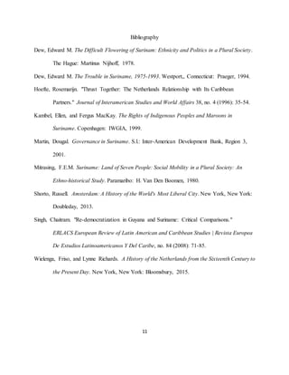 11
Bibliography
Dew, Edward M. The Difficult Flowering of Surinam: Ethnicity and Politics in a Plural Society.
The Hague: Martinus Nijhoff, 1978.
Dew, Edward M. The Trouble in Suriname, 1975-1993. Westport,, Connecticut: Praeger, 1994.
Hoefte, Rosemarijn. "Thrust Together: The Netherlands Relationship with Its Caribbean
Partners." Journal of Interamerican Studies and World Affairs 38, no. 4 (1996): 35-54.
Kambel, Ellen, and Fergus MacKay. The Rights of Indigenous Peoples and Maroons in
Suriname. Copenhagen: IWGIA, 1999.
Martin, Dougal. Governance in Suriname. S.l.: Inter-American Development Bank, Region 3,
2001.
Mitrasing, F.E.M. Suriname: Land of Seven People: Social Mobility in a Plural Society: An
Ethno-historical Study. Paramaribo: H. Van Den Boomen, 1980.
Shorto, Russell. Amsterdam: A History of the World's Most Liberal City. New York, New York:
Doubleday, 2013.
Singh, Chaitram. "Re-democratization in Guyana and Suriname: Critical Comparisons."
ERLACS European Review of Latin American and Caribbean Studies | Revista Europea
De Estudios Latinoamericanos Y Del Caribe, no. 84 (2008): 71-85.
Wielenga, Friso, and Lynne Richards. A History of the Netherlands from the Sixteenth Century to
the Present Day. New York, New York: Bloomsbury, 2015.
 