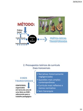 28/06/2014
23
Catarse
e
Síntese
Prática
Social
Problematização
Instrumentalização
2. Pressupostos teóricos do currículo
Eixos transversais
• Narrativas historicamente
negligenciadas
• Questões mais amplas:
contemporâneas
• Currículo mais reflexivo e
menos normativo
• Sem hierarquia
CONTEÚDOS:
organizados
em torno de uma de
uma ideia ou EIXO -
referenciais para o
trabalho pedagógico
 