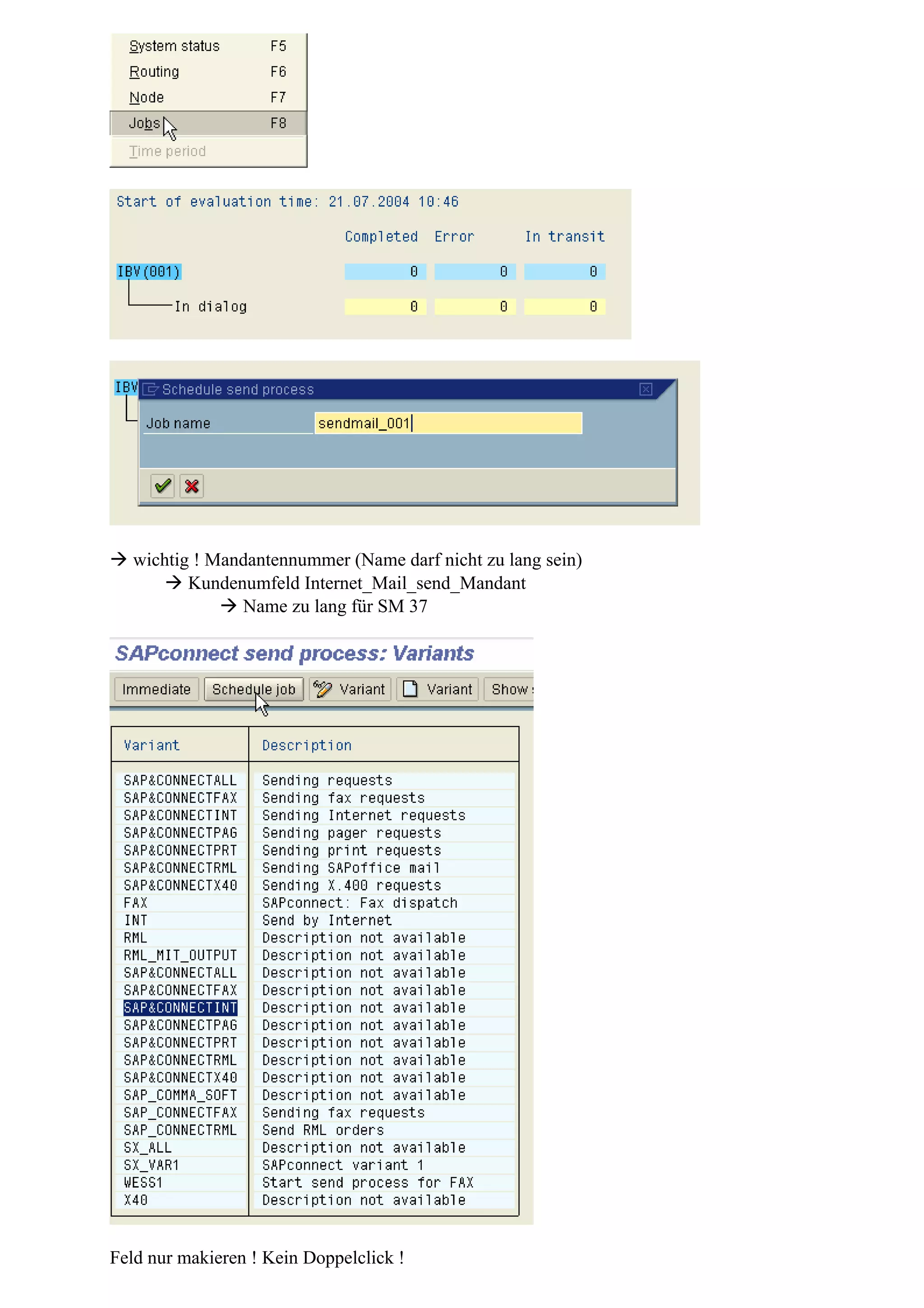  wichtig ! Mandantennummer (Name darf nicht zu lang sein)
 Kundenumfeld Internet_Mail_send_Mandant
 Name zu lang für SM 37
Feld nur makieren ! Kein Doppelclick !
 