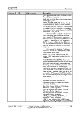 WCDMA RAN 
Fast Dormancy 5 Parameters 
Issue 02 (2011-10-30) Huawei Proprietary and Confidential 
Copyright © Huawei Technologies Co., Ltd 
5-2 
Parameter ID NE MML Command Description 
HSUPA Provided Received Scheduled EDCH 
Power Share measurement. 
EMC_UU_ADCTRL: Control power admission 
for emergency user. 
RTWP_RESIST_DISTURB: Control algorithm 
of resisting disturb when RTWP is abnormal. 
FACH_UU_ADCTRL: Admission control switch 
for the FACH on the Uu interface. This switch 
determines whether to admit a user in the RRC 
state on the CELL_FACH. 
1. If this switch is enabled: if the current 
cell is congested due to overload, and the 
users are with RAB connection requests or 
RRC connection requests(except the cause of 
""Detach"", ""Registration"", or ""Emergency 
Call""), the users will be rejected. Otherwise 
FACH user admission procedure is initiated. A 
user can access the cell after the procedure 
succeeds. 
2. If this switch is disabled: FACH user 
admission procedure is initiated without the 
consideration of cell state. 
MIMOCELL_LEGACYHSDPA_ADCTRL: 
Legacy HSDPA admission control algorithm in 
MIMO cell. 
FAST_DORMANCY_ADCTRL: Whether to 
enable or disable state transition of users in the 
CELL-DCH state, who are enabled with fast 
dormancy, to ease FACH congestion in a cell. 
If this switch is turned off in a cell, state 
transition of such users is disabled. Note that 
when this switch is turned off in multiple cells 
under an RNC, signaling storm may occur. As 
a result, the CPU usage of the RNC, NodeB, 
and SGSN increases greatly, leading to service 
setup failure. 
If switches above are selected, the 
corresponding algorithms will be enabled; 
otherwise, disabled. 
GUI Value Range: CRD_ADCTRL(Credit 
Admission Control Algorithm), 
HSDPA_UU_ADCTRL(HSDPA UU Load 
Admission Control Algorithm), 
HSUPA_UU_ADCTRL(HSUPA UU Load 
Admission Control Algorithm), 
MBMS_UU_ADCTRL(MBMS UU Load 
Admission Control Algorithm), 
HSDPA_GBP_MEAS(HSDPA GBP Meas 
Algorithm), HSDPA_PBR_MEAS(HSDPA PBR 
 