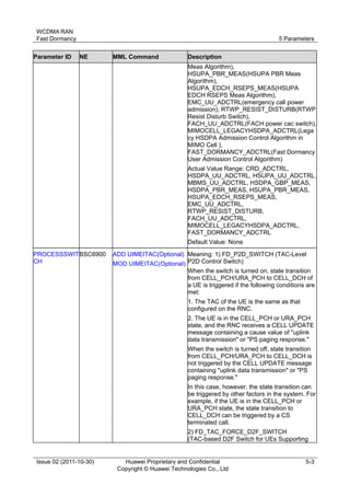 WCDMA RAN 
Fast Dormancy 5 Parameters 
Issue 02 (2011-10-30) Huawei Proprietary and Confidential 
Copyright © Huawei Technologies Co., Ltd 
5-3 
Parameter ID NE MML Command Description 
Meas Algorithm), 
HSUPA_PBR_MEAS(HSUPA PBR Meas 
Algorithm), 
HSUPA_EDCH_RSEPS_MEAS(HSUPA 
EDCH RSEPS Meas Algorithm), 
EMC_UU_ADCTRL(emergency call power 
admission), RTWP_RESIST_DISTURB(RTWP 
Resist Disturb Switch), 
FACH_UU_ADCTRL(FACH power cac switch), 
MIMOCELL_LEGACYHSDPA_ADCTRL(Lega 
cy HSDPA Admission Control Algorithm in 
MIMO Cell ), 
FAST_DORMANCY_ADCTRL(Fast Dormancy 
User Admission Control Algorithm) 
Actual Value Range: CRD_ADCTRL, 
HSDPA_UU_ADCTRL, HSUPA_UU_ADCTRL, 
MBMS_UU_ADCTRL, HSDPA_GBP_MEAS, 
HSDPA_PBR_MEAS, HSUPA_PBR_MEAS, 
HSUPA_EDCH_RSEPS_MEAS, 
EMC_UU_ADCTRL, 
RTWP_RESIST_DISTURB, 
FACH_UU_ADCTRL, 
MIMOCELL_LEGACYHSDPA_ADCTRL, 
FAST_DORMANCY_ADCTRL 
Default Value: None 
PROCESSSWIT 
CH 
BSC6900 ADD UIMEITAC(Optional) 
MOD UIMEITAC(Optional) 
Meaning: 1) FD_P2D_SWITCH (TAC-Level 
P2D Control Switch) 
When the switch is turned on, state transition 
from CELL_PCH/URA_PCH to CELL_DCH of 
a UE is triggered if the following conditions are 
met: 
1. The TAC of the UE is the same as that 
configured on the RNC. 
2. The UE is in the CELL_PCH or URA_PCH 
state, and the RNC receives a CELL UPDATE 
message containing a cause value of "uplink 
data transmission" or "PS paging response." 
When the switch is turned off, state transition 
from CELL_PCH/URA_PCH to CELL_DCH is 
not triggered by the CELL UPDATE message 
containing "uplink data transmission" or "PS 
paging response." 
In this case, however, the state transition can 
be triggered by other factors in the system. For 
example, if the UE is in the CELL_PCH or 
URA_PCH state, the state transition to 
CELL_DCH can be triggered by a CS 
terminated call. 
2) FD_TAC_FORCE_D2F_SWITCH 
(TAC-based D2F Switch for UEs Supporting 
 