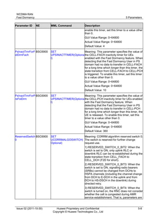 WCDMA RAN 
Fast Dormancy 5 Parameters 
Issue 02 (2011-10-30) Huawei Proprietary and Confidential 
Copyright © Huawei Technologies Co., Ltd 
5-8 
Parameter ID NE MML Command Description 
enable this timer, set this timer to a value other 
than 0. 
GUI Value Range: 0~64800 
Actual Value Range: 0~64800 
Default Value: 4 
PsInactTmrForF 
stDrmFach 
BSC6900 SET 
UPSINACTTIMER(Optiona 
l) 
Meaning: This parameter specifies the value of 
the CELL-FACH inactivity timer for UEs 
enabled with the Fast Dormancy feature. When 
detecting that the Fast Dormancy User in PS 
domain had no data to transfer in CELL-FACH 
for a long time which longer than this timer, the 
state transition from CELL-FACH to CELL-PCH 
is triggered. To enable this timer, set this timer 
to a value other than 0. 
GUI Value Range: 0~64800 
Actual Value Range: 0~64800 
Default Value: 10 
PsInactTmrForP 
reFstDrm 
BSC6900 SET 
UPSINACTTIMER(Optiona 
l) 
Meaning: This parameter specifies the value of 
the CELL-PCH inactivity timer for UEs enabled 
with the Fast Dormancy feature. When 
detecting that the Fast Dormancy User in PS 
domain had no data to transfer in CELL-PCH 
for a long time which longer than this timer, the 
UE is released. To enable this timer, set this 
timer to a value other than 0. 
GUI Value Range: 0~64800 
Actual Value Range: 0~64800 
Default Value: 360 
ReservedSwitch 
0 
BSC6900 SET 
UCORRMALGOSWITCH( 
Optional) 
Meaning: CORRM algorithm reserved switch 0. 
The switch is reserved for further change 
request use. 
1) RESERVED_SWITCH_0_BIT2: When the 
switch is set to ON, only uplink RLC or 
downlink RLC can be re-established during the 
state transition from CELL_FACH to 
CELL_DCH (F2D for short). 
2) RESERVED_SWITCH_0_BIT3: When the 
switch is set to ON, signaling radio bearers 
(SRBs) cannot be changed from DCHs to 
HSPA channels (including the channel change 
from DCH to E-DCH in the uplink and from 
DCH to HS-DSCH in the downlink) during 
directed retry. 
3) RESERVED_SWITCH_0_BIT4: When the 
switch is turned on, the RNC does not consider 
whether the cell is congested during AMR 
service establishment. That is, parameters are 
 