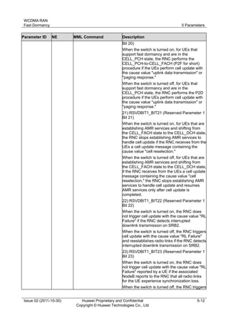 WCDMA RAN 
Fast Dormancy 5 Parameters 
Issue 02 (2011-10-30) Huawei Proprietary and Confidential 
Copyright © Huawei Technologies Co., Ltd 
5-12 
Parameter ID NE MML Command Description 
Bit 20) 
When the switch is turned on, for UEs that 
support fast dormancy and are in the 
CELL_PCH state, the RNC performs the 
CELL_PCH-to-CELL_FACH (P2F for short) 
procedure if the UEs perform cell update with 
the cause value "uplink data transmission" or 
"paging response." 
When the switch is turned off, for UEs that 
support fast dormancy and are in the 
CELL_PCH state, the RNC performs the P2D 
procedure if the UEs perform cell update with 
the cause value "uplink data transmission" or 
"paging response." 
21) RSVDBIT1_BIT21 (Reserved Parameter 1 
Bit 21) 
When the switch is turned on, for UEs that are 
establishing AMR services and shifting from 
the CELL_FACH state to the CELL_DCH state, 
the RNC stops establishing AMR services to 
handle cell update if the RNC receives from the 
UEs a cell update message containing the 
cause value "cell reselection." 
When the switch is turned off, for UEs that are 
establishing AMR services and shifting from 
the CELL_FACH state to the CELL_DCH state, 
if the RNC receives from the UEs a cell update 
message containing the cause value "cell 
reselection," the RNC stops establishing AMR 
services to handle cell update and resumes 
AMR services only after cell update is 
completed. 
22) RSVDBIT1_BIT22 (Reserved Parameter 1 
Bit 22) 
When the switch is turned on, the RNC does 
not trigger cell update with the cause value "RL 
Failure" if the RNC detects interrupted 
downlink transmission on SRB2. 
When the switch is turned off, the RNC triggers 
cell update with the cause value "RL Failure" 
and reestablishes radio links if the RNC detects 
interrupted downlink transmission on SRB2. 
23) RSVDBIT1_BIT23 (Reserved Parameter 1 
Bit 23) 
When the switch is turned on, the RNC does 
not trigger cell update with the cause value "RL 
Failure" reported by a UE if the associated 
NodeB reports to the RNC that all radio links 
for the UE experience synchronization loss. 
When the switch is turned off, the RNC triggers 
 