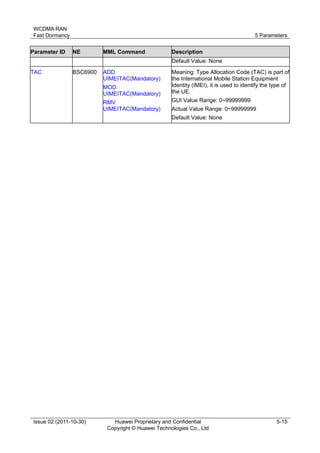 WCDMA RAN 
Fast Dormancy 5 Parameters 
Issue 02 (2011-10-30) Huawei Proprietary and Confidential 
Copyright © Huawei Technologies Co., Ltd 
5-15 
Parameter ID NE MML Command Description 
Default Value: None 
TAC BSC6900 ADD 
UIMEITAC(Mandatory) 
MOD 
UIMEITAC(Mandatory) 
RMV 
UIMEITAC(Mandatory) 
Meaning: Type Allocation Code (TAC) is part of 
the International Mobile Station Equipment 
Identity (IMEI), it is used to identify the type of 
the UE. 
GUI Value Range: 0~99999999 
Actual Value Range: 0~99999999 
Default Value: None 
 