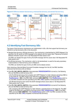 WCDMA RAN 
Fast Dormancy 4 Enhanced Fast Dormancy 
Issue 02 (2011-10-30) Huawei Proprietary and Confidential 
Copyright © Huawei Technologies Co., Ltd 
4-2 
Figure 4-1 Difference between fast dormancy, enhanced fast dormancy, and standard fast dormancy 
4.2 Identifying Fast Dormancy UEs 
Two types of fast dormancy mechanisms are implemented in UEs. UEs that support fast dormancy are 
referred to as fast dormancy UEs in this document. 
 Standard fast dormancy (R8 fast dormancy): This mechanism is standardized by 3GPP Release 8. As 
specified, the UE sends an SCRI message to the network with the cause value "Signaling Connection 
Release Indication Cause" set to "UE Requested PS Data session end." 
The RNC can identify this type of UE by the SCRI message with the cause value "UE Requested PS 
Data session end." 
 Pre-R8 fast dormancy: This mechanism, which is not standardized, is used for the early proprietary 
implementations of fast dormancy prior to Release 8. 
The RNC can identify this type of UE by its IMEI and its release version. 
Upon receiving a Security Mode Command Complete message from the UE, the RNC identifies 
enhanced fast dormancy UEs as follows: 
 If the FD_TAC_MATCH_SWITCH of the parameter PROCESSSWITCH is turned on, the following 
UEs are identified as fast dormancy UEs: 
− UE (Pre-R8 fast dormancy) that complies with 3GPP Release 5 or later releases and whose IMEI is 
on the white list. The IMEI range for the white list is specified by the binary group (TAC, 
FastDormancy = ON) in the RNC MML command ADD UIMEITAC. If the FastDormancy switch is 
on, the RNC considers the UEs specified by the IMEI (TAC) capable of enhanced fast dormancy. 
− UE (R8 fast dormancy) from which the SCRI message whose cause value is "UE Requested PS 
Data session end" is sent. 
 If the FD_TAC_MATCH_SWITCH of the parameter PROCESSSWITCH is turned off, the following 
UEs are identified as fast dormancy UEs. 
− UEs complying with 3GPP Release 5 or later releases, excluding those on the black list. The IMEI 
range for the black list is specified by the binary group (TAC, FastDormancy = OFF) in the RNC 
MML command ADD UIMEITAC. If the FastDormancy switch is OFF, the RNC considers the UEs 
specified by the IMEI (TAC) incapable of enhanced fast dormancy. 
 