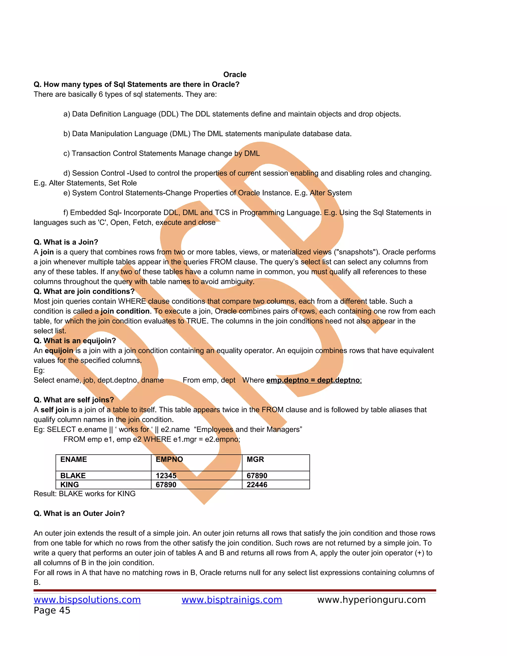 Oracle
Q. How many types of Sql Statements are there in Oracle?
There are basically 6 types of sql statements. They are:

         a) Data Definition Language (DDL) The DDL statements define and maintain objects and drop objects.

         b) Data Manipulation Language (DML) The DML statements manipulate database data.

         c) Transaction Control Statements Manage change by DML

          d) Session Control -Used to control the properties of current session enabling and disabling roles and changing.
E.g. Alter Statements, Set Role
          e) System Control Statements-Change Properties of Oracle Instance. E.g. Alter System

        f) Embedded Sql- Incorporate DDL, DML and TCS in Programming Language. E.g. Using the Sql Statements in
languages such as 'C', Open, Fetch, execute and close

Q. What is a Join?
A join is a query that combines rows from two or more tables, views, or materialized views ("snapshots"). Oracle performs
a join whenever multiple tables appear in the queries FROM clause. The query’s select list can select any columns from
any of these tables. If any two of these tables have a column name in common, you must qualify all references to these
columns throughout the query with table names to avoid ambiguity.
Q. What are join conditions?
Most join queries contain WHERE clause conditions that compare two columns, each from a different table. Such a
condition is called a join condition. To execute a join, Oracle combines pairs of rows, each containing one row from each
table, for which the join condition evaluates to TRUE. The columns in the join conditions need not also appear in the
select list.
Q. What is an equijoin?
An equijoin is a join with a join condition containing an equality operator. An equijoin combines rows that have equivalent
values for the specified columns.
Eg:
Select ename, job, dept.deptno, dname           From emp, dept Where emp.deptno = dept.deptno;

Q. What are self joins?
A self join is a join of a table to itself. This table appears twice in the FROM clause and is followed by table aliases that
qualify column names in the join condition.
Eg: SELECT e.ename || ‘ works for ‘ || e2.name “Employees and their Managers”
          FROM emp e1, emp e2 WHERE e1.mgr = e2.empno;

        ENAME                         EMPNO                        MGR

        BLAKE                         12345                        67890
        KING                          67890                        22446
Result: BLAKE works for KING

Q. What is an Outer Join?

An outer join extends the result of a simple join. An outer join returns all rows that satisfy the join condition and those rows
from one table for which no rows from the other satisfy the join condition. Such rows are not returned by a simple join. To
write a query that performs an outer join of tables A and B and returns all rows from A, apply the outer join operator (+) to
all columns of B in the join condition.
For all rows in A that have no matching rows in B, Oracle returns null for any select list expressions containing columns of
B.

www.bispsolutions.com                          www.bisptrainigs.com                       www.hyperionguru.com
Page 45
 
