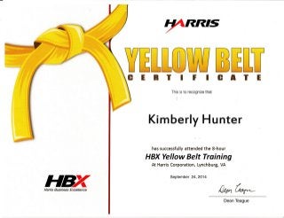 rRRTS
YmmmmffimmmffiERT I IGATT
Kimberly Hunter
has successfully attended the 8-hour
HBN Yellow Belt Training
At Harris Corporation, Lynchburg, VA
This is to recognize that
frr* fi-*-HBX September 24,2014
Dean Teague
 