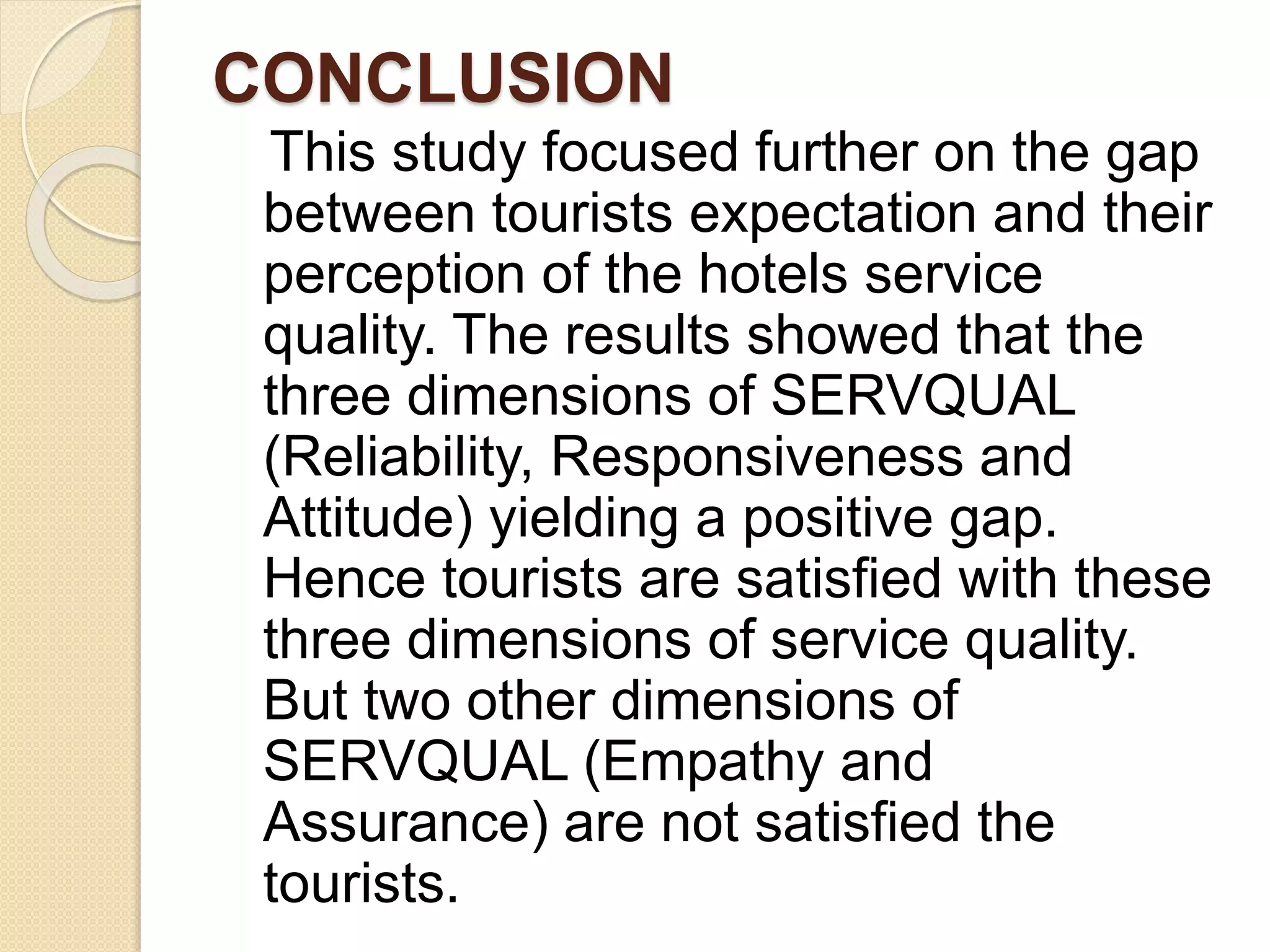 CONCLUSION
This study focused further on the gap
between tourists expectation and their
perception of the hotels service
quality. The results showed that the
three dimensions of SERVQUAL
(Reliability, Responsiveness and
Attitude) yielding a positive gap.
Hence tourists are satisfied with these
three dimensions of service quality.
But two other dimensions of
SERVQUAL (Empathy and
Assurance) are not satisfied the
tourists.
 