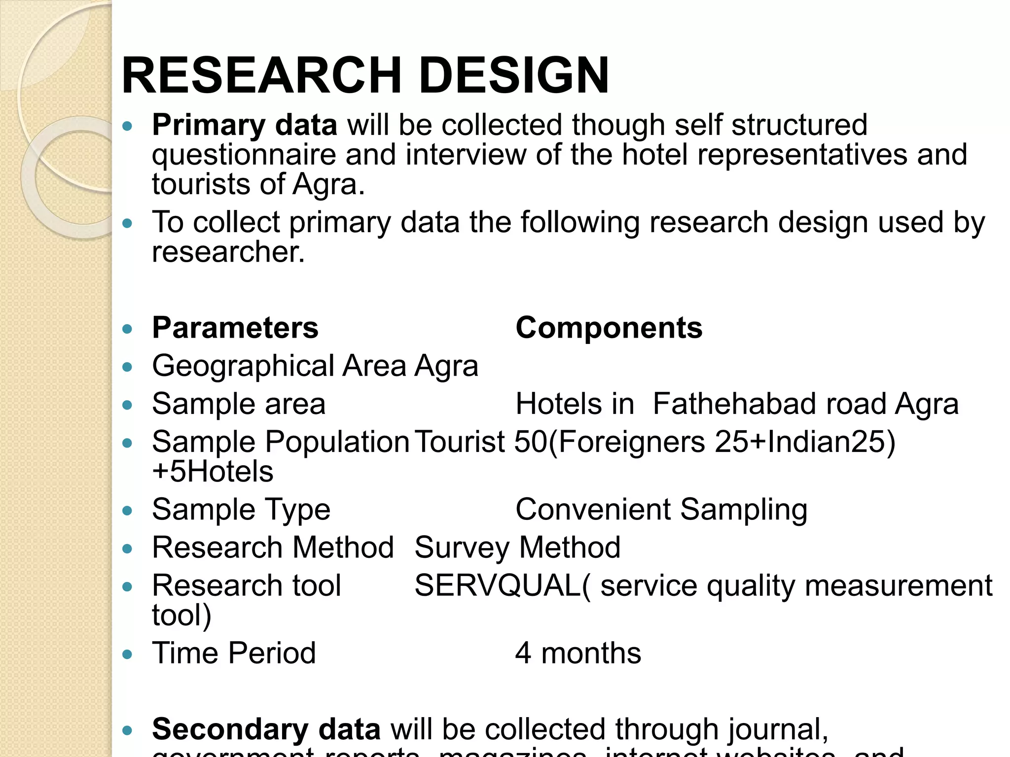 RESEARCH DESIGN
 Primary data will be collected though self structured
questionnaire and interview of the hotel representatives and
tourists of Agra.
 To collect primary data the following research design used by
researcher.
 Parameters Components
 Geographical Area Agra
 Sample area Hotels in Fathehabad road Agra
 Sample PopulationTourist 50(Foreigners 25+Indian25)
+5Hotels
 Sample Type Convenient Sampling
 Research Method Survey Method
 Research tool SERVQUAL( service quality measurement
tool)
 Time Period 4 months
 Secondary data will be collected through journal,
 