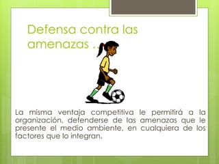 Defensa contra las
   amenazas …




La misma ventaja competitiva le permitirá a la
organización, defenderse de las amenazas que le
presente el medio ambiente, en cualquiera de los
factores que lo integran.
 