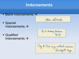 Indorsements
 Blank Indorsements.
 Special
Indorsements.
 Qualified
Indorsements.
 