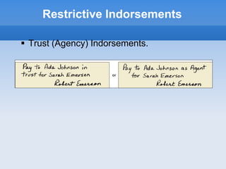 Restrictive Indorsements
 Trust (Agency) Indorsements.
 