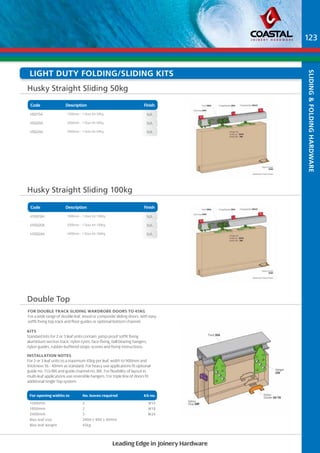 Light Duty Folding/sliding kits 
Husky Straight Sliding 50kg 
Code Description Finish 
Part No Description Finish 
H50/15A 1500mm - 1 Door Kit 50Kg NA 
H50/20A 2000mm - 1 Door Kit 50Kg NA 
H50/24A 2400mm - 1 Door Kit 50Kg NA 
Husky Straight Sliding 100kg 
Code Description Finish 
Part No Description Finish 
H100/18A 1800mm - 1 Door Kit 100Kg NA 
H100/20A 2000mm - 1 Door Kit 100Kg NA 
H100/24A 2400mm - 1 Door Kit 100Kg NA 
FOR DOUBLE TRACK SLIDING WARDROBE DOORS TO 45KG 
For a wide range of double leaf, wood or composite sliding doors, with easy 
soffit fixing top track and floor guides or optional bottom channel. 
Leading Edge in Joinery Hardware 
Double Top 
KITS 
Standard kits for 2 or 3 leaf units contain: jump-proof soffit fixing 
aluminium section track: nylon tyres, face-fixing, ball bearing hangers, 
nylon guides, rubber-buffered stops: screws and fixing instructions. 
INSTALLATION NOTES 
For 2 or 3 leaf units to a maximum 45kg per leaf, width to 900mm and 
thickness 16 - 40mm as standard. For heavy use applications fit optional 
guide no. 113/8IX and guide channel no. 8IX. For flexibility of layout in 
multi-leaf applications use reversible hangers. For triple line of doors fit 
additional Single Top system. 
For opening widths to No. leaves required Kit no. 
1500mm 2 W15 
1800mm 2 W18 
2400mm 3 W24 
Max leaf size 2400 x 900 x 40mm 
Max leaf weight 45kg 
123 
sLIDING & FOLDING HARDWARE 
