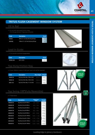 Tritus Flush Casement Window system 
Fill In Rail 
Code Description Finish 
Part No Description Finish 
FCR500 500mm Fill In Rail (For Side Swing 90 Deg) SA 
FCR1000 1000mm Fill In Rail (For Side Swing 90 Deg) SA 
Lead In Guide 
• For use with mushroom espagnolette. 
Code Description Finish 
Part No Description Finish 
FCK500-WH Lead In Guide WH 
Max Height 
Part No Description Finish 
FTS263-SV Top Hung Friction Stay - 263mm (Pair) 40kg 
FTS453-SV Top Hung Friction Stay - 453mm (Pair) 50kg 
FTS711-SV Top Hung Friction Stay - 711mm (Pair) 70kg 
Code Description Weight 
Leading Edge in Joinery Hardware 
Top Hung Friction Stay 
Code Description Weight 
Top Swing 170O (Fully Reversible) 
Part No Description Finish 
FTS0534-SV Top Swing Hinge Set 534mm 45kg 
FTS0634-SV Top Swing Hinge Set 634mm 45kg 
FTS0734-SV Top Swing Hinge Set 734mm 45kg 
FTS0834-SV Top Swing Hinge Set 834mm 45kg 
FTS0934-SV Top Swing Hinge Set 934mm 45kg 
FTS1034-SV Top Swing Hinge Set 1034mm 45kg 
FTS1134-SV Top Swing Hinge Set 1134mm 45kg 
FTS1234-SV Top Swing Hinge Set 1234mm 45kg 
FTS1334-SV Top Swing Hinge Set 1334mm 45kg 
Please call 
for Section 
drawing. 
Please call 
for Section 
drawing. 
• For use with side swing friction hinge 
(Fills the gap between hinge plate and jamb) 
• If over 1000mm wide a FC500 sash lead in kit will be required 
• 7O Plate bevel 
41 
Tritus Flush Casement Window System 
900mm 
1400mm 
1600mm 
Inside Frame 
Height 
535 - 634 
635 - 734 
735 - 834 
835 - 934 
935 - 1034 
1035 - 1134 
1135 - 1234 
1235 - 1334 
1335 - 1434 
