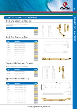 CASEMENT STAYS & FASTENERS 
Bulb End Casement Fastener 
• Comes complete with mortice and hook plate 
• Non Handed 
Code Part No Description Description Finish 
Finish 
CC4-PB Bulb End Casement Fastener PB 
CC4-CP Bulb End Casement Fastener CP 
CC4-SC Bulb End Casement Fastener SC 
Bulb End Casement Stay 
Code Part No Description Description Finish 
Finish 
CC48-PB Bulb End Casement Stay 202mm PB 
CC48-CP Bulb End Casement Stay 202mm CP 
CC48-SC Bulb End Casement Stay 202mm SC 
CC410-PB Bulb End Casement Stay 254mm PB 
CC410-CP Bulb End Casement Stay 254mm CP 
CC410-SC Bulb End Casement Stay 254mm SC 
CC412-PB Bulb End Casement Stay 305mm PB 
CC412-CP Bulb End Casement Stay 305mm CP 
CC412-SC Bulb End Casement Stay 305mm SC 
Spoon End Casement Fastener 
• Comes complete with mortice and hook plate 
Code Description Finish 
Part No Description Finish 
CC8-PB Spoon End Casement Fastener PB 
CC8-CP Spoon End Casement Fastener CP 
CC8-SC Spoon End Casement Fastener SC 
Spoon End Casement Stay 
Code Description Finish 
CC88-PB Spoon End Casement Stay 202mm PB 
CC88-CP Spoon End Casement Stay 202mm CP 
CC88-SC Spoon End Casement Stay 202mm SC 
CC810-PB Spoon End Casement Stay 254mm PB 
CC810-CP Spoon End Casement Stay 254mm CP 
CC810-SC Spoon End Casement Stay 254mm SC 
CC812-PB Spoon End Casement Stay 305mm PB 
CC812-CP Spoon End Casement Stay 305mm CP 
CC812-SC Spoon End Casement Stay 305mm SC 
Leading Edge in Joinery Hardware 
9 
Casement Stays & Fasteners 
