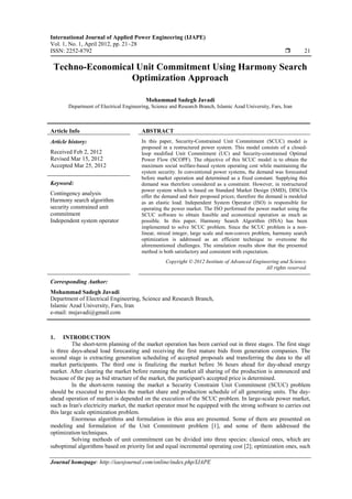 Techno-economical Unit Commitment Using Harmony Search Optimization ...