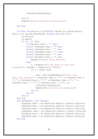 cmd.ExecuteNonQuery()
End If
MsgBox("Record Deleted Successfully.")
End Sub
Private Sub Button1_Click(ByVal sender As System.Object,
ByVal e As System.EventArgs) Handles Button1.Click
cn.Close()
cn.Open()
If (f = 0) Then
If TextBox1.Text = "" Then
ElseIf TextBox2.Text = "" Then
ElseIf TextBox3.Text = "" Then
ElseIf ComboBox1.Text = "" Then
ElseIf TextBox4.Text = "" Then
ElseIf TextBox5.Text = "" Then
MsgBox("Please Enter Record")
Else
a = MsgBox("Are you want to save new
Customer?", vbYesNo + vbQuestion, "SAVE")
If a = vbYes Then
cmd = New OleDbCommand("insert into
Cust_info values('" & TextBox1.Text & "','" & TextBox2.Text &
"','" & TextBox3.Text & "','" & ComboBox1.Text & "','" &
TextBox4.Text & "','" & TextBox5.Text & "')", cn)
cmd.ExecuteNonQuery()
MsgBox("Record Save Successfully")
End If
End If
End If
End Sub
Sub add(ByVal i As Integer)
TextBox1.Text = ds.Tables(0).Rows(i).Item(0).ToString
TextBox2.Text = ds.Tables(0).Rows(i).Item(1).ToString
TextBox3.Text = ds.Tables(0).Rows(i).Item(2).ToString
ComboBox1.Text = ds.Tables(0).Rows(i).Item(3).ToString
TextBox4.Text = ds.Tables(0).Rows(i).Item(4).ToString
TextBox5.Text = ds.Tables(0).Rows(i).Item(5).ToString
End Sub
61
 