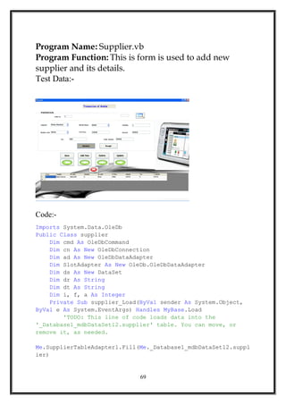 Program Name: Supplier.vb
Program Function: This is form is used to add new
supplier and its details.
Test Data:-
Code:-
Imports System.Data.OleDb
Public Class supplier
Dim cmd As OleDbCommand
Dim cn As New OleDbConnection
Dim ad As New OleDbDataAdapter
Dim SlotAdapter As New OleDb.OleDbDataAdapter
Dim ds As New DataSet
Dim dr As String
Dim dt As String
Dim i, f, a As Integer
Private Sub supplier_Load(ByVal sender As System.Object,
ByVal e As System.EventArgs) Handles MyBase.Load
'TODO: This line of code loads data into the
'_Database1_mdbDataSet12.supplier' table. You can move, or
remove it, as needed.
Me.SupplierTableAdapter1.Fill(Me._Database1_mdbDataSet12.suppl
ier)
69
 