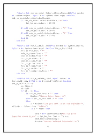 Private Sub cmb_cm_model_SelectedIndexChanged(ByVal sender
As System.Object, ByVal e As System.EventArgs) Handles
cmb_cm_model.SelectedIndexChanged
If cmb_cm_model.SelectedIndex = "0" Then
Txt_bo_prize.Text = 25000
ElseIf cmb_cm_model.SelectedIndex = "1" Then
Txt_bo_prize.Text = 30000
ElseIf cmb_cm_model.SelectedIndex = "2" Then
Txt_bo_prize.Text = 27000
End If
End Sub
Private Sub Btn_e_Add_Click(ByVal sender As System.Object,
ByVal e As System.EventArgs) Handles Btn_e_Add.Click
Txt_bo_Ono.Text = ""
cmb_cm_sname.Text = ""
cmb_cm_model.Text = ""
Txt_bo_Qty.Text = ""
cmb_cm_color.Text = ""
Txt_bo_prize.Text = ""
txt_bo_total.Text = ""
Txt_bo_tax.Text = ""
txt_bo_totalprize.Text = ""
End Sub
Private Sub Btn_e_Delete_Click(ByVal sender As
System.Object, ByVal e As System.EventArgs) Handles
Btn_e_Delete.Click
cn.Close()
cn.Open()
If (f = 0) Then
If Txt_bo_Ono.Text = "" Then
MsgBox("Please Enter Order no")
ElseIf Txt_bo_Ono.Text = "" Then
Else
a = MsgBox("Are you want to Delete Supplier?",
vbYesNo + vbQuestion, "Delete")
If a = vbYes Then
cmd = New OleDbCommand("Delete From
Supplier where O_no=" & Txt_bo_Ono.Text & "", cn)
cmd.ExecuteNonQuery()
MsgBox("Record Deleted Successfully.")
72
 