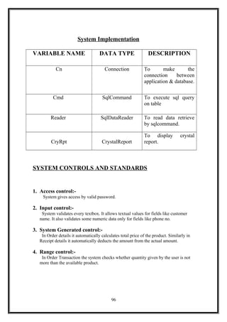 System Implementation
VARIABLE NAME DATA TYPE DESCRIPTION
Cn Connection To make the
connection between
application & database.
Cmd SqlCommand To execute sql query
on table
Reader SqlDataReader To read data retrieve
by sqlcommand.
CryRpt CrystalReport
To display crystal
report.
SYSTEM CONTROLS AND STANDARDS
1. Access control:-
System gives access by valid password.
2. Input control:-
System validates every textbox. It allows textual values for fields like customer
name. It also validates some numeric data only for fields like phone no.
3. System Generated control:-
In Order details it automatically calculates total price of the product. Similarly in
Receipt details it automatically deducts the amount from the actual amount.
4. Range control:-
In Order Transaction the system checks whether quantity given by the user is not
more than the available product.
96
 