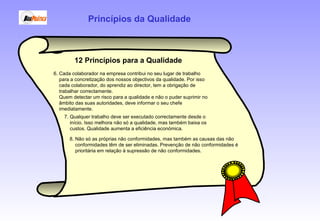 12 Princípios para a Qualidade
7. Qualquer trabalho deve ser executado correctamente desde o
início. Isso melhora não só a qualidade, mas também baixa os
custos. Qualidade aumenta a eficiência económica.
8. Não só as próprias não conformidades, mas também as causas das não
conformidades têm de ser eliminadas. Prevenção de não conformidades é
prioritária em relação à supressão de não conformidades.
6. Cada colaborador na empresa contribui no seu lugar de trabalho
para a concretização dos nossos objectivos da qualidade. Por isso
cada colaborador, do aprendiz ao director, tem a obrigação de
trabalhar correctamente.
Quem detectar um risco para a qualidade e não o puder suprimir no
âmbito das suas autoridades, deve informar o seu chefe
imediatamente.
Princípios da Qualidade
 