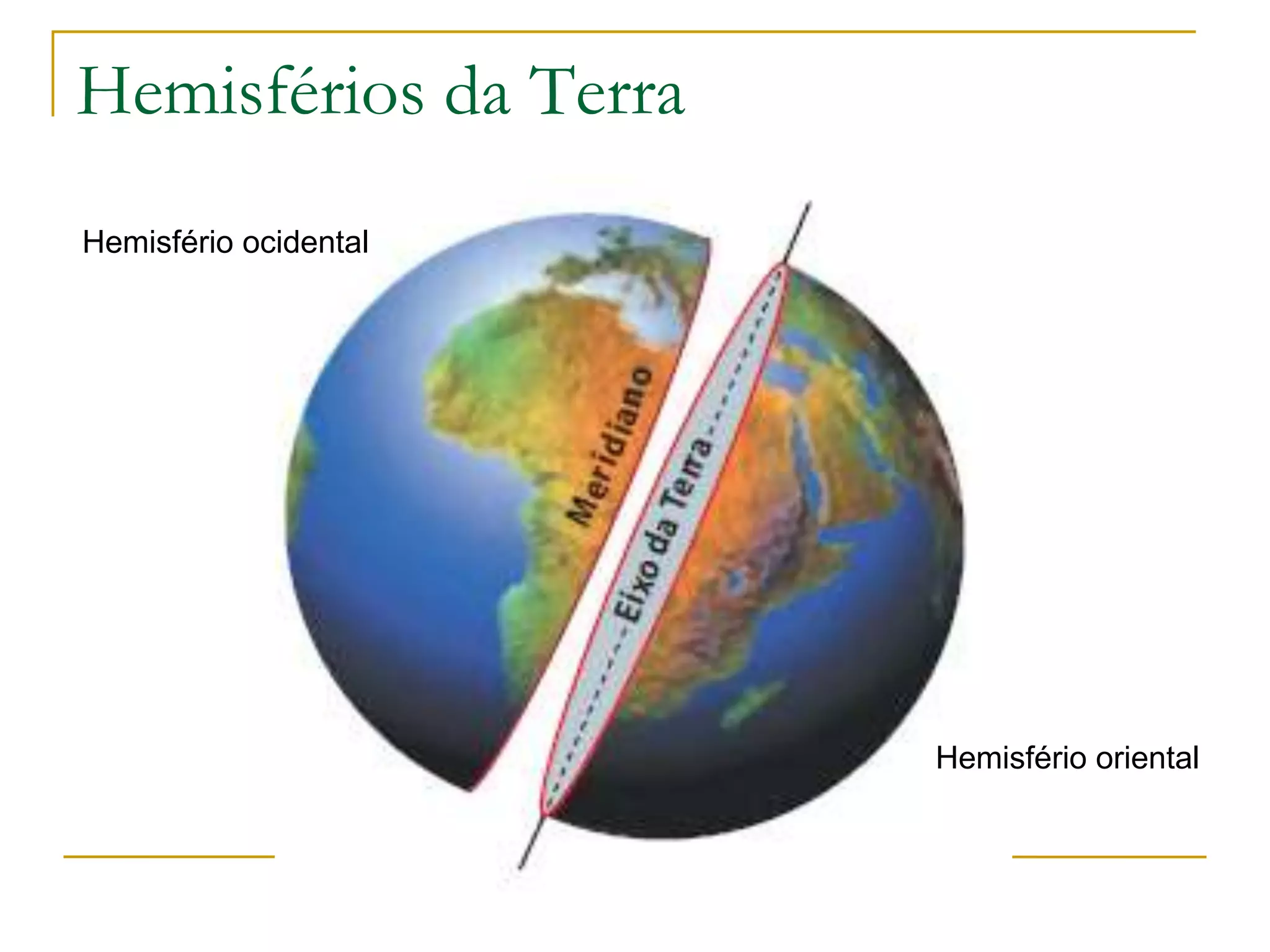Hemisférios da Terra
Hemisfério ocidental
Hemisfério oriental