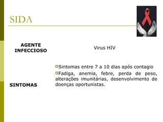 SIDA
AGENTE
INFECCIOSO

Virus HIV

Sintomas

SINTOMAS

entre 7 a 10 dias após contagio
Fadiga, anemia, febre, perda de peso,
alterações imunitárias, desenvolvimento de
doenças oportunistas.

 