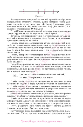 347
Если от начала отсчета O на данной прямой в выбранном
направлении отложить отрезок, длина которого равна дан-
ному числу t, то получим точку A. Число t называют коор-
динатой точки A. Это записвают так: A(t). Для точек O и E
имеем соответственно: O(0) и E(1).
Луч OE координатной прямой называют положительным
лучом, другой ее луч — отрицательным лучом.
Точке B, симметричной точке A относительно начала от-
счета O, присваивается координата −t. Числа t и −t называют
противоположными числами.
Числа, которым соответствуют точки координатной пря-
мой, расположенные на положительном луче, называются по-
ложительными числами, они могут записываться как со зна-
ком +, так и без него: записи вида +1 и 1 обозначают одно и
то же число.
Числа, которым соответствуют точки координатной пря-
мой, расположенные на отрицательном луче, называются от-
рицательными числами. Отрицательные числа записывают-
ся со знаком –.
Число 0 не считают ни отрицательным, ни положительным.
Модулем ⏐t⏐ числа t называется само это число, если оно
положительно или равно нулю, и противоположное число,
если число t отрицательно:
⏐t⏐ =
t t
t t
,если положительное число или число 0
,если отрицател
—
—
,
− ььное число.
⎧
⎨
⎩
Чтобы сложить два числа с одинаковыми знаками, нужно
сложить их модули и перед суммой поставить их общий знак.
Чтобы сложить два числа с разными знаками, нужно из
большего модуля вычесть меньший и результат записать со
знаком того числа, модуль которого больше.
Чтобы из одного числа вычесть другое число, можно к умень-
шаемому прибавить число, противоположное вычитаемому.
Чтобы умножить два числа, нужно перемножить их моду-
ли и результат записать со знаком плюс, если множители име-
ют одинаковые знаки, и со знаком минус, если разные знаки.
Чтобы разделить одно число на другое, можно делимое
умножить на число, обратное делителю.
Натуральные числа называют еще положительными целы-
ми числами. Числа, противоположные натуральным числам,
Рис. 414
Правообладатель Народная асвета
Народная
асвета
 