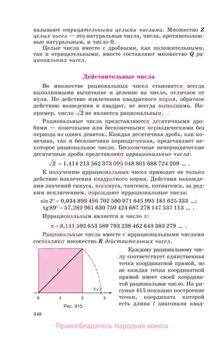 348
называют отрицательными целыми числами. Множество Z
целых чисел — это натуральные числа, числа, противополож-
ные натуральным, и число 0.
Целые числа вместе с дробными, как положительными,
так и отрицательными, вместе составляют множество Q ра-
циональных чисел.
Действительные числа
Во множестве рациональных чисел становятся всегда
выполнимыми вычитание и деление на число, отличное от
нуля. Но действие извлечения квадратного корня, обратное
действию возведения в квадрат, не всегда выполнимо. На-
пример, число 2 не является рациональным.
Рациональные числа представляются десятичными дро-
бями — конечными или бесконечными периодическими без
периода из одних девяток. Каждая десятичная дробь, как ко-
нечная, так и бесконечная периодическая, представляет не-
которое рациональное число. Бесконечные непериодические
десятичные дроби представляют иррациональные числа:
2 = 1,414 213 562 373 095 048 801 688 724 209 … .
К получению иррациональных чисел приводит не только
действие извлечения квадратного корня. Действия нахожде-
ния значений синуса, косинуса, тангенса, котангенса, за ред-
ким исключением, порождают иррациональные числа:
sin2° = 0,034 899 496 702 500 971 645 995 181 625 333 …;
tg89° = 57,289 961 630 759 424 687 278 147 537 113 … .
Иррациональным является и число π:
π = 3,141 592 653 589 793 238 462 643 383 279 … .
Рациональные числа вместе с иррациональными числами
составляют множество R действительных чисел.
Каждому рациональному чис-
лу соответствует единственная
точка координатной прямой, но
не каждая точка координатной
прямой имеет своей координа-
той рациональное число. На ри-
сунке 415 показано построение
точки, координата которой
есть длина l диагонали квад-Рис. 415
Правообладатель Народная асвета
Народная
асвета
 