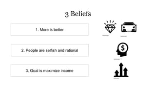 3 Beliefs
1. More is better
3. Goal is maximize income
2. People are selfish and rational
 