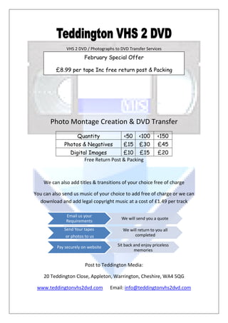 VHS 2 DVD / Photographs to DVD Transfer Services
                        February Special Offer

          £8.99 per tape Inc free return post & Packing




       Photo Montage Creation & DVD Transfer
                    Quantity               <50     <100      <150
             Photos & Negatives           £15      £30       £45
                Digital Images         £10 £15               £20
                      Free Return Post & Packing



    We can also add titles & transitions of your choice free of charge

You can also send us music of your choice to add free of charge or we can
  download and add legal copyright music at a cost of £1.49 per track

              Email us your
                                         We will send you a quote
              Requirements
             Send Your tapes              We will return to you all
                                                completed
              or photos to us
                                       Sit back and enjoy priceless
          Pay securely on website
                                                memories


                        Post to Teddington Media:

    20 Teddington Close, Appleton, Warrington, Cheshire, WA4 5QG

 www.teddingtonvhs2dvd.com          Email: info@teddingtonvhs2dvd.com
 