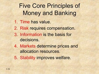 1-10
Five Core Principles of
Money and Banking
1. Time has value.
2. Risk requires compensation.
3. Information is the basis for
decisions.
4. Markets determine prices and
allocation resources.
5. Stability improves welfare.
 