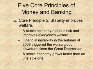 1-15
Five Core Principles of
Money and Banking
E. Core Principle 5: Stability improves
welfare.
– A stable economy reduces risk and
improves everyone's welfare.
– Financial instability in the autumn of
2008 triggered the worse global
downturn since the Great Depression.
– A stable economy grows faster than an
unstable one.
 