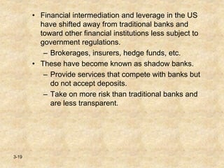 3-19
• Financial intermediation and leverage in the US
have shifted away from traditional banks and
toward other financial institutions less subject to
government regulations.
– Brokerages, insurers, hedge funds, etc.
• These have become known as shadow banks.
– Provide services that compete with banks but
do not accept deposits.
– Take on more risk than traditional banks and
are less transparent.
 